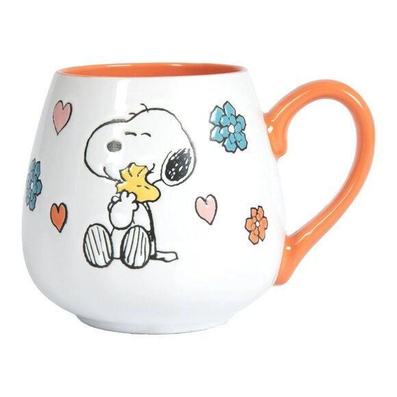 Peanuts Snoopy Holding Woodstock 20 oz Ceramic Coffee Mug Floral Hearts Orange - Picture 2 of 7